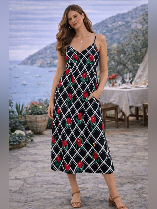 Anthropologie Dresses & Skirts - Anthropologie Floral Maxi Dress🌹Romantic Strappy Midi Black White Red Rose Print